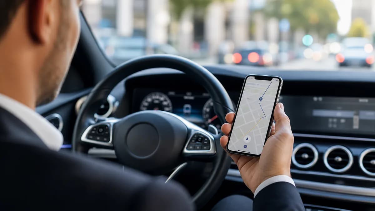 Chauffeur VTC utilisant une application de navigation dans sa voiture