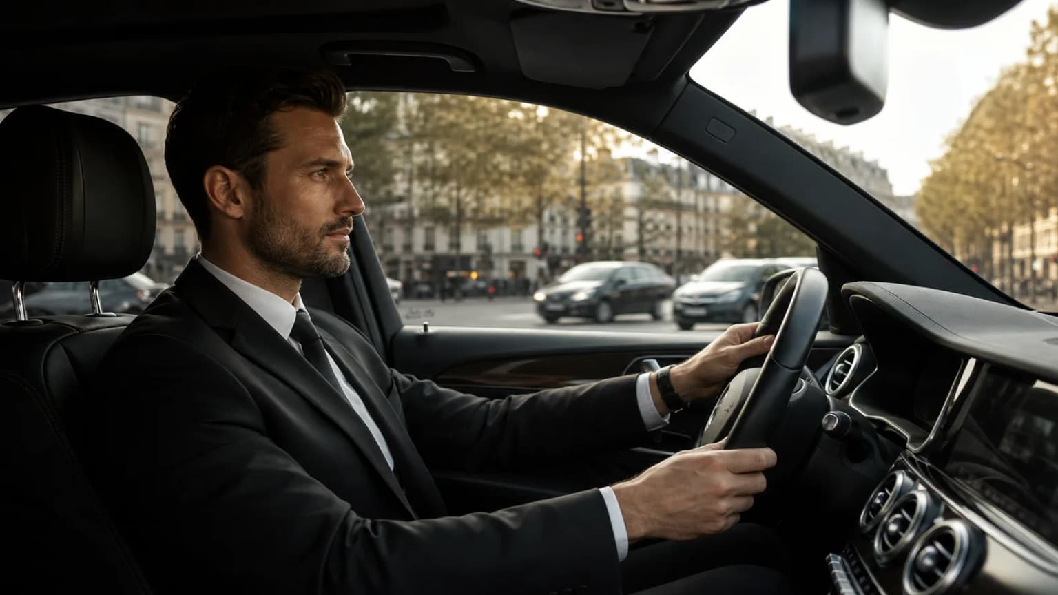 Chauffeur VTC en costume conduisant une berline noire dans Paris